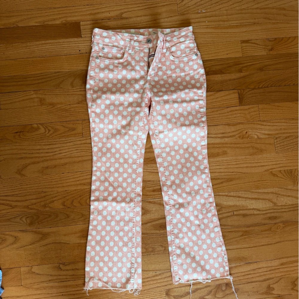 Anthropologie pink and white polka dot jeans